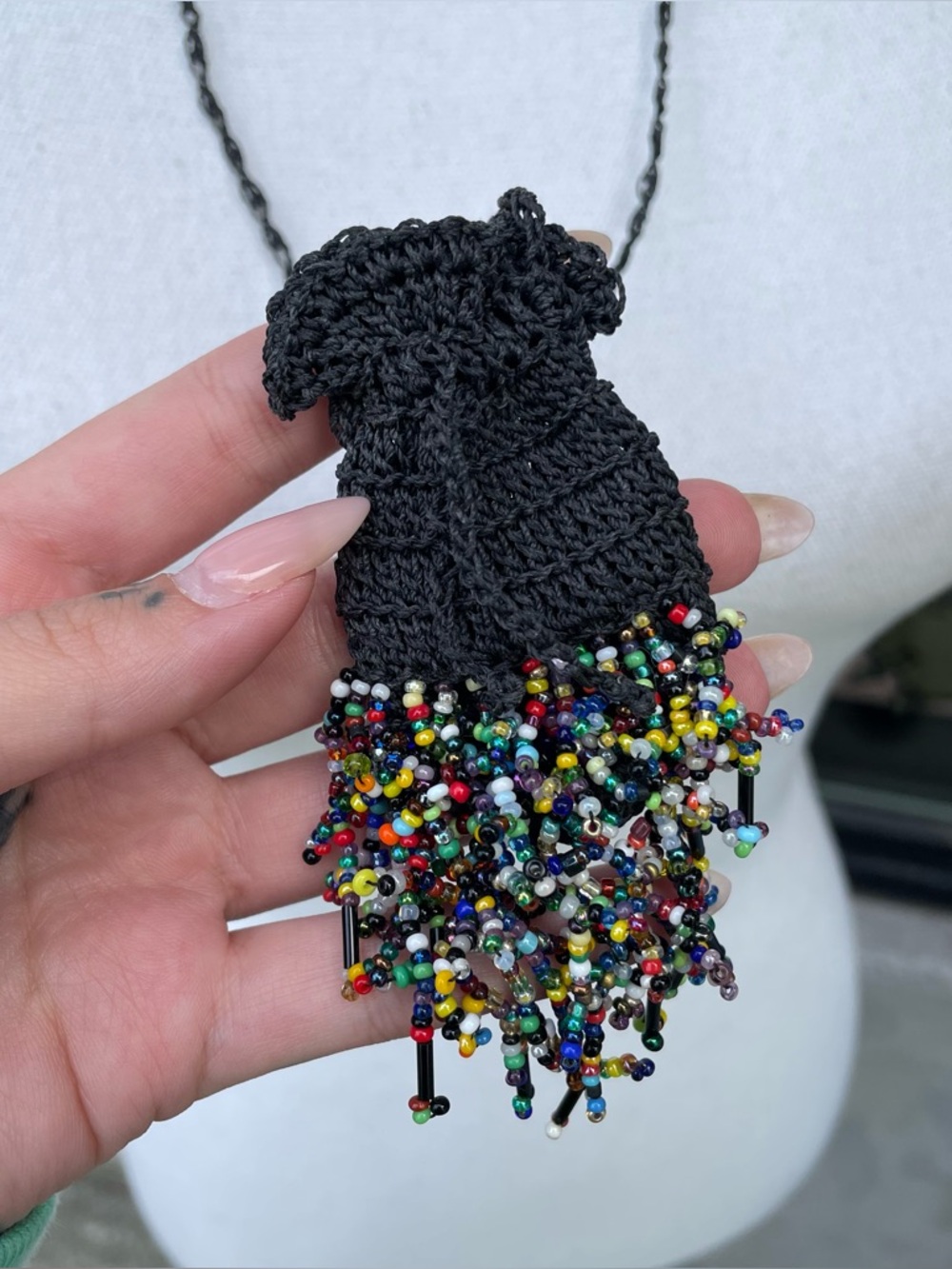 Vintage Handmade Beaded Fringe Drawstring Bag Necklace